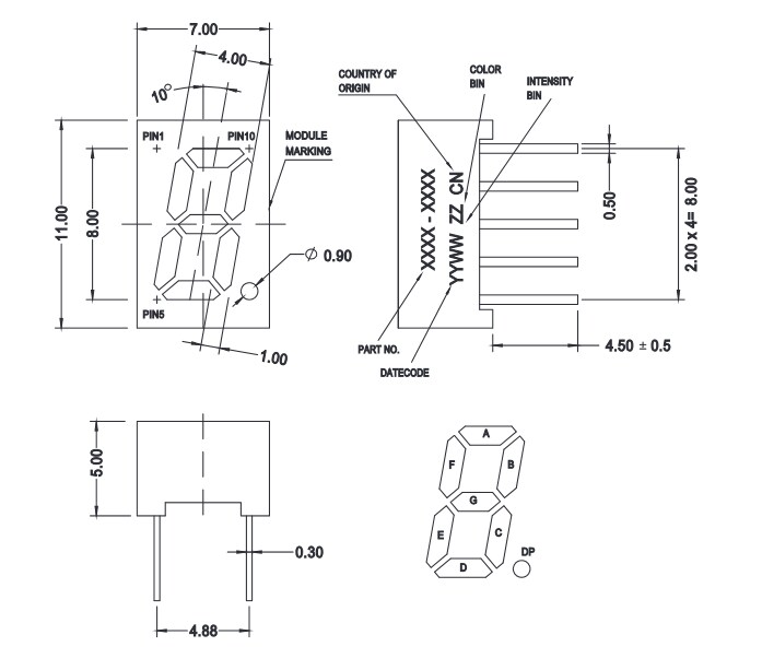Mechanical Drawing - Broadcom HDSP-2x Ultra Mini Seven Segment Displays